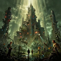 steampunk cybercity in a swamp, godrays, cinematic, poster art by james gurney, weta studio, lucasfilm jesper ejsing, norman rockwell, mucha, ilya kuvshinov, greg rutkowski frank frazzeta on artstation