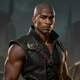 An epic fantasy comic book style portrait painting of a young dark skinned thief with broad shoulders and a bald head in a vest in the style of the wheel of time, unreal 5, DAZ, hyperrealistic, octane render, cosplay, RPG portrait, dynamic lighting