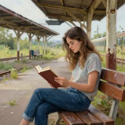 a beautiful girl sitting on a bench reading at an abandoned overgrown train station, old train station, establishing shot, detailed painting. wlop, art by rossdraws, art by ross tran, art by melmadedooks, detailed portrait artwork,