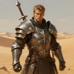 a paladin in the desert, stern face, dungeons and dragons, digital painting by Gerald Brom, highly detailed