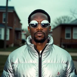 photo, black man in memphis neighborhood, silver metallic moncler jacket, silver reflective circular sunglasses, head and shoulders portrait, kodak ektachrome, greenish expired film, award winning, low contrast
