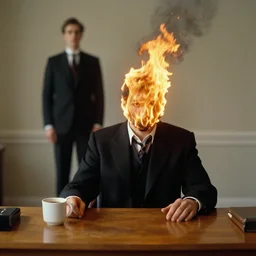 man in desk with coffee and black suit by leyendecker and dean cornwell, 5 feet distance from the camera, head on fire n - 6