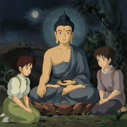 buddhism, night, in the style of studio ghibli, j. c. leyendecker, greg rutkowski, artem