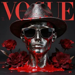 a head made out of melting metal, dark palette, it is wearing sunglasses and a hat, there are flowers all around it, red paint melting, vogue cover style, demonic style, smooth fractal style