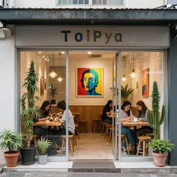 taiwanese style cafe inside are australian patrons, decorated with cannabis pot plants 🪴 utopia frontage, pop art poster, vivid colors by will barnet
