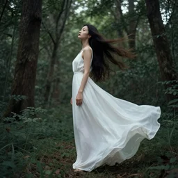 a woman with long flowing hair and a flowing white dress in a forest by robert mccall