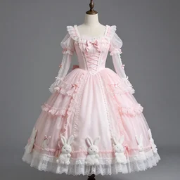 a pink rococo gown with bunny details