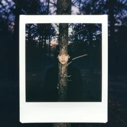 eerie polaroid of a peaking out from behind a tree in a forest at dusk