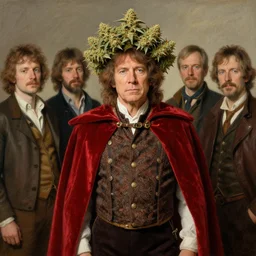 stoner King Tommy Chong wears a doublet whilst wearing a red velvet cape and OG Kush Sativa flower calyx trichome crown edward julius detmold jehan choo jeff simpson arkhip kuindzhi raphael lacoste guillem h. pongiluppi grisaille