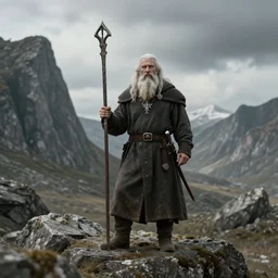photorealistic dwarven runemaster with white beard overlooking a craggy landscape