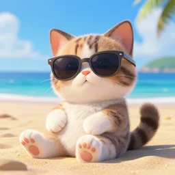 a cute kitten with sunglasses relaxing on the beach, octane render, hyperrealistic, beach, vivid, high quality, pixar