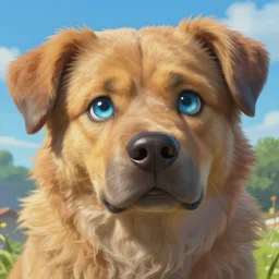 An epic fantasy comic book style portrait painting of dog, very expressive, light blue piercing eyes, round face, character design by Mark Ryden and Pixar and Hayao Miyazaki, unreal 5, DAZ, hyperrealistic, octane render, cosplay, RPG portrait, dynamic lighting, intricate detail, summer vibrancy, cinematic