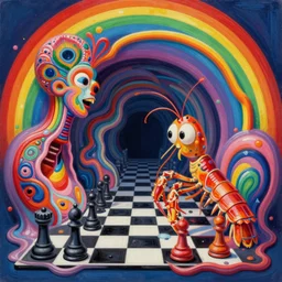 an extremely high quality hd surrealism warm rainbow painting of 4 d perspective neon complimentary - colors cartoon surrealism melting sculpture composition of zaha hadid biological anatomical peacock mantis shrimp by a much more skilled version of kandinskypicasso and salvia dali the fourth, salvador dali's much much much much more talented painter cousin, 8 k, ultra realistic, chess, tunnels