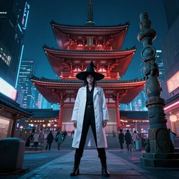 saint japanese temple with totem, cyberpunk nightcity, witch in labcoat