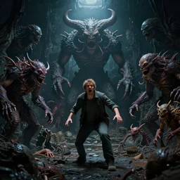 a man horrified in a dark basement filled with monsters of unknown power, volumetric lighting, 8 k octane beautifully detailed render, post - processing, extremely hyper - detailed, intricate, epic composition, cinematic lighting, masterpiece, trending on artstation, detailed detailed detailed, masterpiece, beautiful cinematic light,
