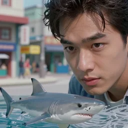 beautiful hyperrealism three point perspective film still of shark chase scene in  kon-tiki meets Jaws(1988) extreme closeup portrait in style of 1990s frontiers in translucent porclein miniature street photography seinen manga fashion edition, miniature porcelain model, focus on face, eye contact, tilt shift style scene background, soft lighting, Kodak Portra 400, cinematic style, telephoto by Emmanuel Lubezki