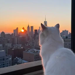 a unicorn cat, watching the sunset over manhattan