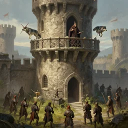 a detailed concept art of soldiers surrounding a medieval stone tower with crossbows. a powerful wizard in a balcony. a wolf jumping from the balcony. trending on artstation, craig mullins, rutkowski