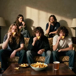 a bunch of stoners eating chips on the couch