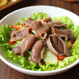 dslr food photograph of salad with cow tounges, 8 5 mm f 1. 8