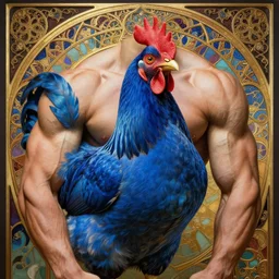 beautiful muscular huge pecs blue chicken hen centered, artwork by james jean, hyper detailed realistic smooth, jean delville, art nouveau, gustav klimt, ornate gothic icon, james jean, ultrasharp hyperdetailed photorealistic octane render