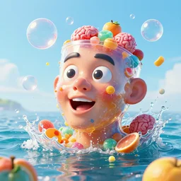 a funny sculpture of a squashed human head with a transparent head wrapped in funny stuff and sweets on ocean water, funny face, giant bubbles, juicy jelly, brain, crashed fruit, fruit juice, realistic water splashes, water art, vibrant, in the style of mike campau, cg render, ray tracing, 8 k resolution, sharp