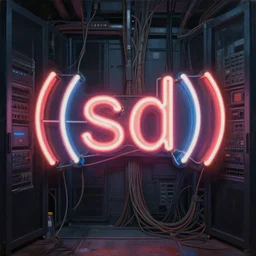 beautiful dark!!! gritty!!! studio painting of a big!!! wired neon sign that reads ( ( ( sd ) ) ) in an intricate server room filled with wires and technology. perfectly shaded lighting, expressive!!!! creative!!!!! very very coherent, trending on artstation, greg rutkowski, hyper detailed, 4 k, high quality, smooth,