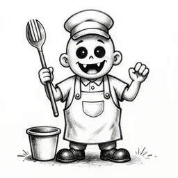 a scary horror themed goofy-janitor, drawn with charcoal and pen and ink, half-tone-line-stacking