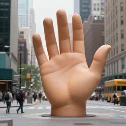 a giant hand appear from street of new york