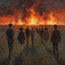 a beautiful painting of a line of people walking into the distance, fire on the horizon, by marc simonette and alexander jansson, junji ito, concept art