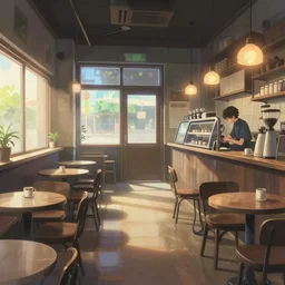 inside a empty cozy coffee shop, a fantasy digital painting by makoto shinkai, trending on artstation, highly detailed