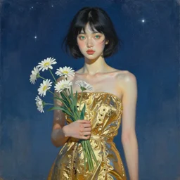 a painting of a goddess with short black hair and green eyes with a metallic golden skirt holding flowers. star lit sky, ultra realistic.