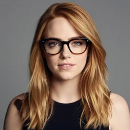 Photo of Emma Stone wearing Warby Parker glasses, soft studio lighting, photo taken by Martin Schoeller for Abercrombie and Fitch, award-winning photo, 24mm f/1.4