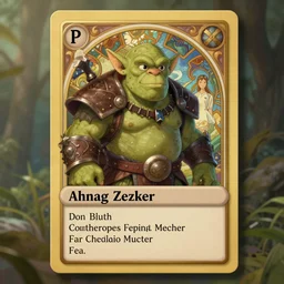 cute orc bezerker trading card design, natural lighting, path traced, highly detailed, high quality, digital painting, by don bluth and ross tran and studio ghibli and alphonse mucha, artgerm