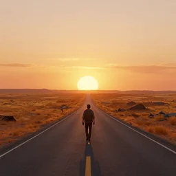 a lonely wanderer from fallout walks along a lonely road into the sunset through the scorched wastelands, artstation