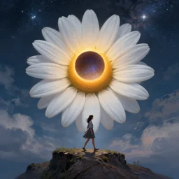 giant white daisy flower face, girl walking on cliff, surreal photography, solar eclipse, milky way, dramatic light, impressionist painting, clouds, digital painting, artstation, james gilleard, liam wong, jeremy mann, simon stalenhag