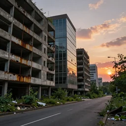 a street view of brutalist architecture by Le Corbusier, abandoned derelict buildings, damaged structures, empty streetscapes, surrounded by lush green vegetation, volumetric lighting, sunset, rusted steel, solid concrete, glass, stunning skies, scattered rubbish and debris, 8k, photorealistic, hyper detailed, unreal engine 5, IMAX quality, cinematic, epic lighting, digital painting in the style of DOOM and Quake, by Greg Rutkowski, trending on Artstation