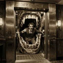 horrifying action scene sepia painting of a 1 9 2 0 s hotel elevator looking a like a large mouth filled with sharp teeth, clyde caldwell, h. p. lovecraft, atmospheric lighting, brooding, painted, intricate, ultra detailed, well composed, best on artstation, cgsociety, epic, horror, stunning, gorgeous, intricate detail, much wow, masterpiece, cinematic aesthetic octane render, 8 k hd resolution,