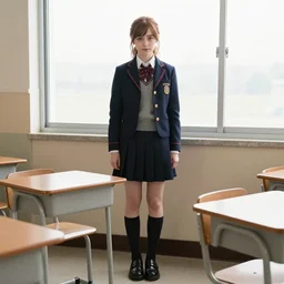 katniss everdeen wearing school uniform at her desk in a classroom next to a window, tumblr, full body, stylish, photo by james baynes