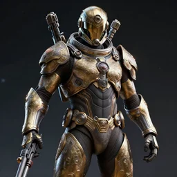 fierce warrior ornate male cyborg in full body skin space suit, arab helmet, concept art, joshua rife, gun, intricate, highlydetailed, space background, artstation 4 k raytracing, shadows, highlights, illumination