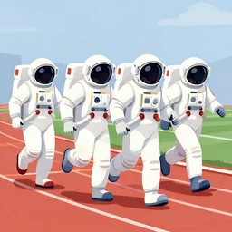 4 astronauts spacesuits running in track meet