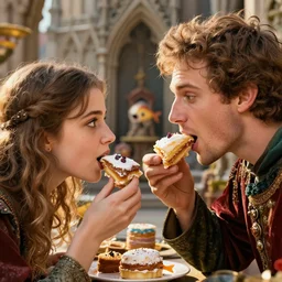 closeup profile portrait of a medieval spooks eating cakes, nicoletta ceccoli, mark ryden, lostfish, max fleischer, depth of field, detailed and intricate environment, golden hour, 8 k resolution, hyperrealistic, octane render, vivid colors, bright, cheerful, detailed and intricate gothic environment