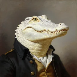 head and shoulders portrait painting of a white crocodile wearing a colonial outfit looking off camera, a character portrait, american romanticism, oil on canvas, diffused lighting