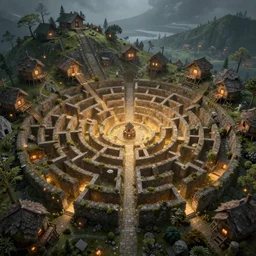 overgrowth labyrinth concealing huts on a hill, volumetric lighting, 8 k octane beautifully detailed render, post - processing, extremely hyper - detailed, intricate, epic composition, cinematic lighting, intricate, trending on artstation, stunning art by anders zorn, wonderful masterpiece by simonetti, beautiful cinematic light,