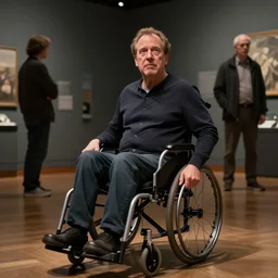 hyperrealistic mixed media image of info wars alex jones in a wheelchair at a museum, stunning 3 d render inspired art by xiang duan and thomas eakes and greg rutkowski, perfect facial symmetry, hyper realistic texture, realistic, highly detailed attributes and atmosphere, dim volumetric cinematic lighting, 8 k octane detailed render, post - processing, masterpiece,