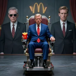 a politician in a blue suit and red tie in an electric chair, mcdonalds french fries, beksinski, dariusz zawadzki, symmetrical, very coherent symmetrical artwork, cinematic, hyper realism, high detail, octane render, 8 k