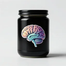 minimalistic logo of brain, on black jar, advert, synthwave colours, hyperrealism,