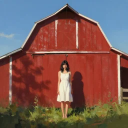 a young woman in the shadow! of a red barn!. black hair, white! dress, sharp focus, wide angle, digital painting by eddie mendoza, trending on artstation