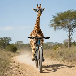 An action photo of a giraffe with old school brown pilot goggles riding mountainbike, fast towards the camera, motion blur, high detail, wide shot