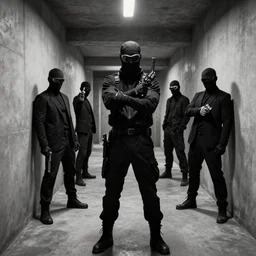 ninja with goggles in concrete brutalisim monochrome world hallway holding guns against black suit men with revolvers